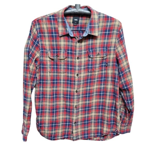 Vans Flannel Shirt Mens Blue Tan Red Plaid Button Down Size Large EUC‎ - Picture 1 of 12